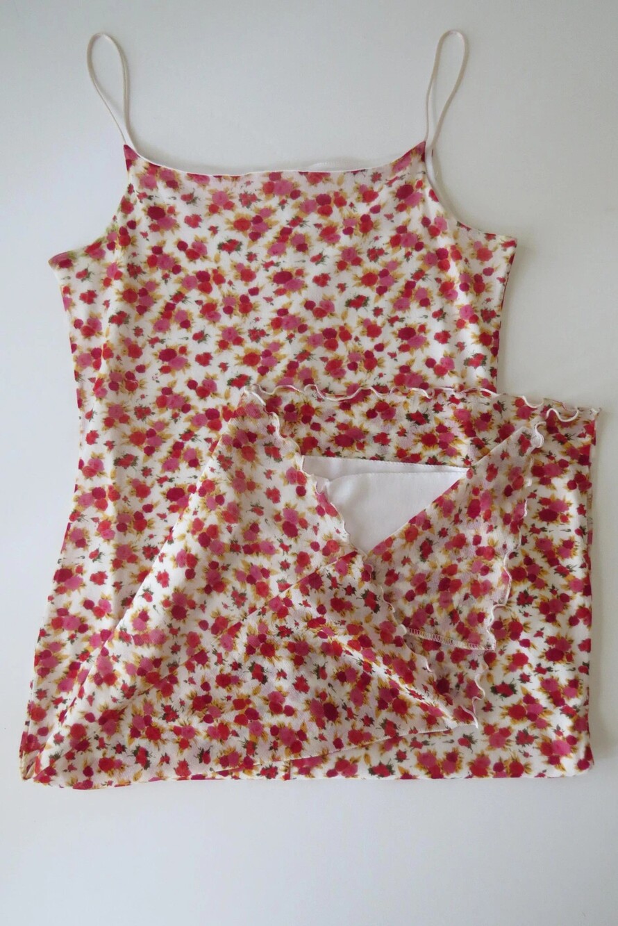 Vintage French Promod Rose Print Dress, Ditsy Floral Mesh Midi, Lined Cami, Lett